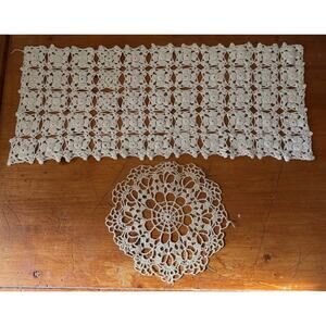 Vintage Lace Doily Set Metallic Thread Round & Rectangular Table Linens